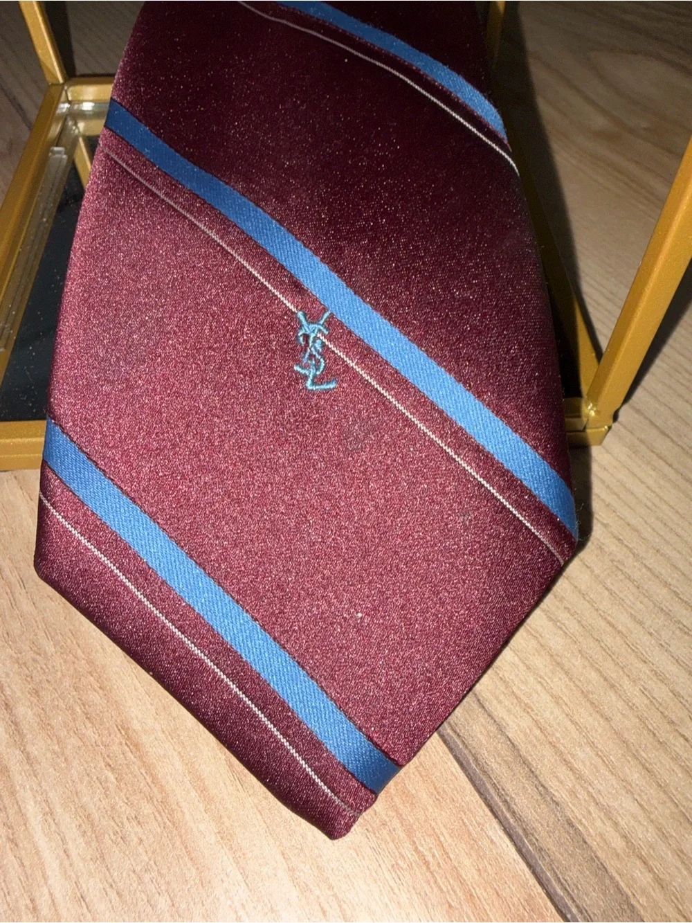 VTG Yves Saint Laurent Silk Tie Lot 2pc Burgundy Grey Embroidered YSL Logo